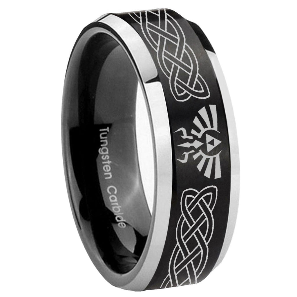 10mm Celtic Zelda Beveled Edges Brush Black 2 Tone Tungsten Mens Bands Ring