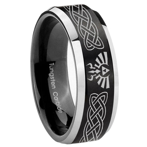 10mm Celtic Zelda Beveled Edges Brush Black 2 Tone Tungsten Mens Bands Ring