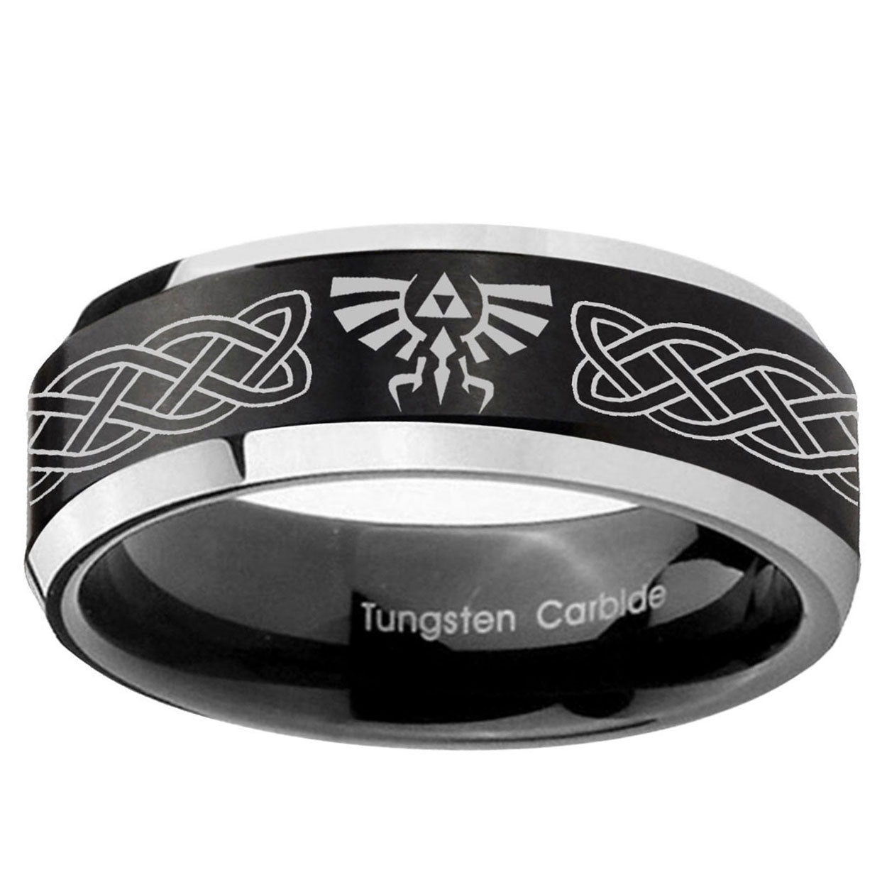 10mm Celtic Zelda Beveled Edge Brush Black 2 ToneTungsten Ring