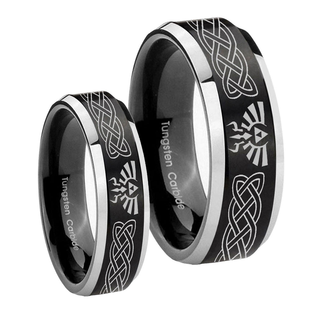 Celtic Zelda Beveled Brush Black 2 Tone Tungsten Bridal Set Rings