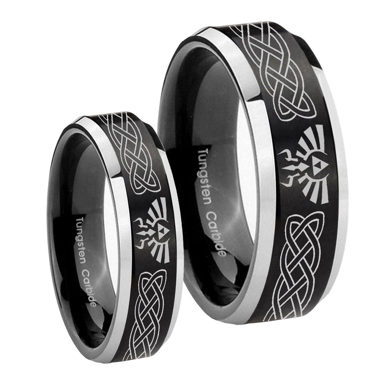 Celtic Zelda Beveled Brush Black 2 Tone Tungsten Bridal Set Rings