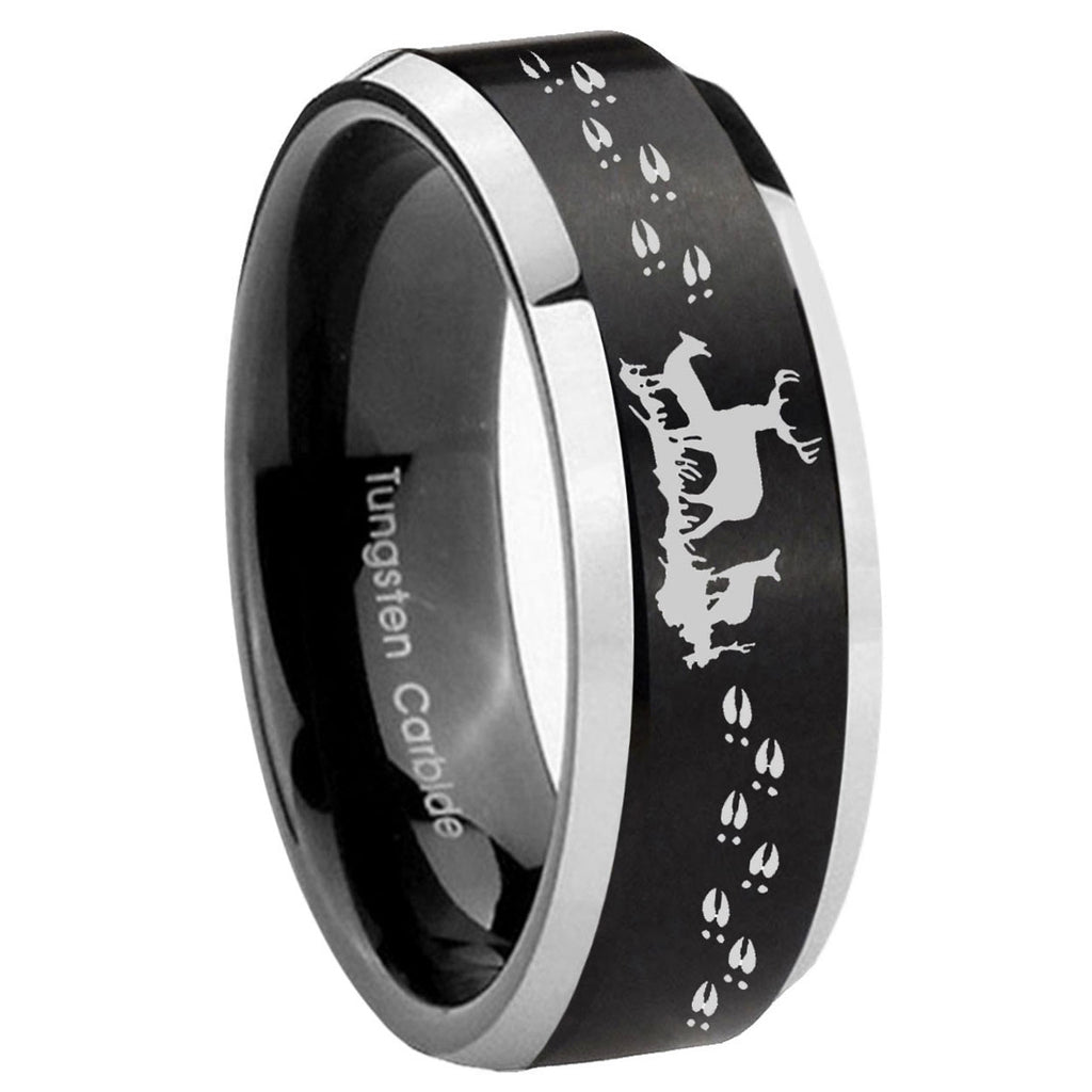 10mm Deer Hunting Beveled Brush Black 2 Tone Tungsten Mens Ring Engraved
