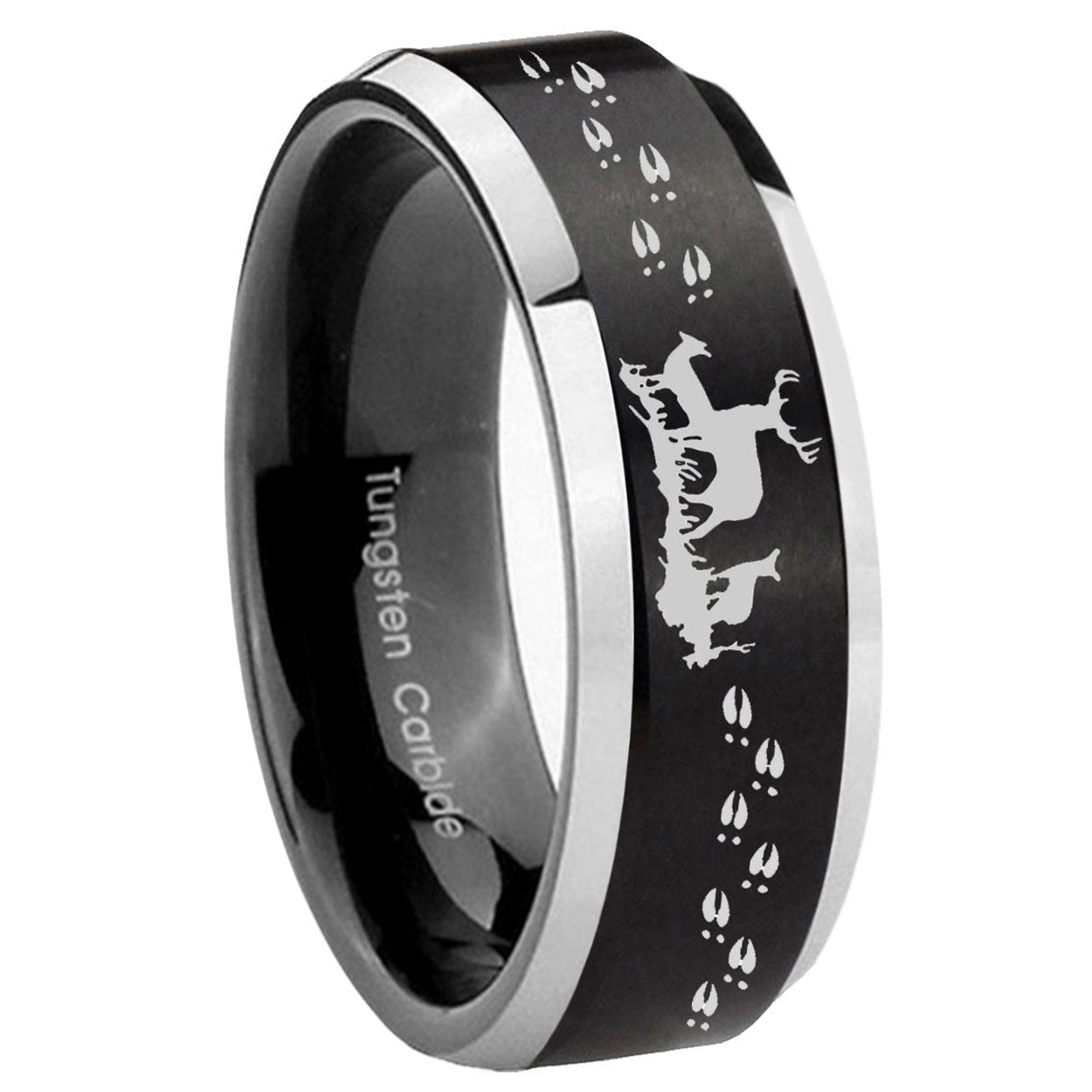 10mm Deer Hunting Beveled Brush Black 2 Tone Tungsten Mens Ring Engraved