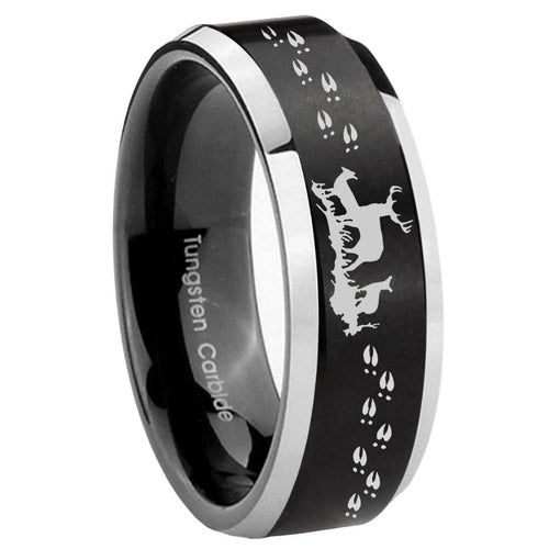 10mm Deer Hunting Beveled Brush Black 2 Tone Tungsten Mens Ring Engraved