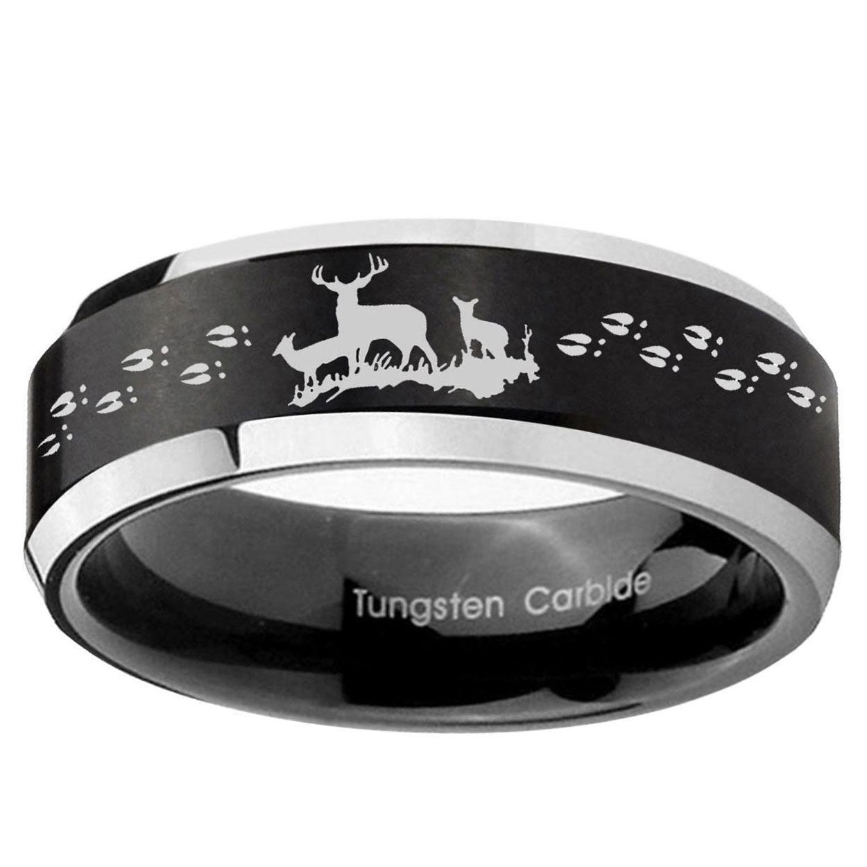 10mm Deer Hunting Beveled Brush Black 2 Tone Tungsten Ring