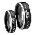 Deer Hunting Beveled Brush Black 2 Tone Tungsten Bridal Band Set