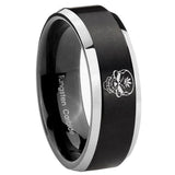 8mm Skull Marijuana Leaf Beveled Edges Brush Black 2 Tone Tungsten Men's Ring