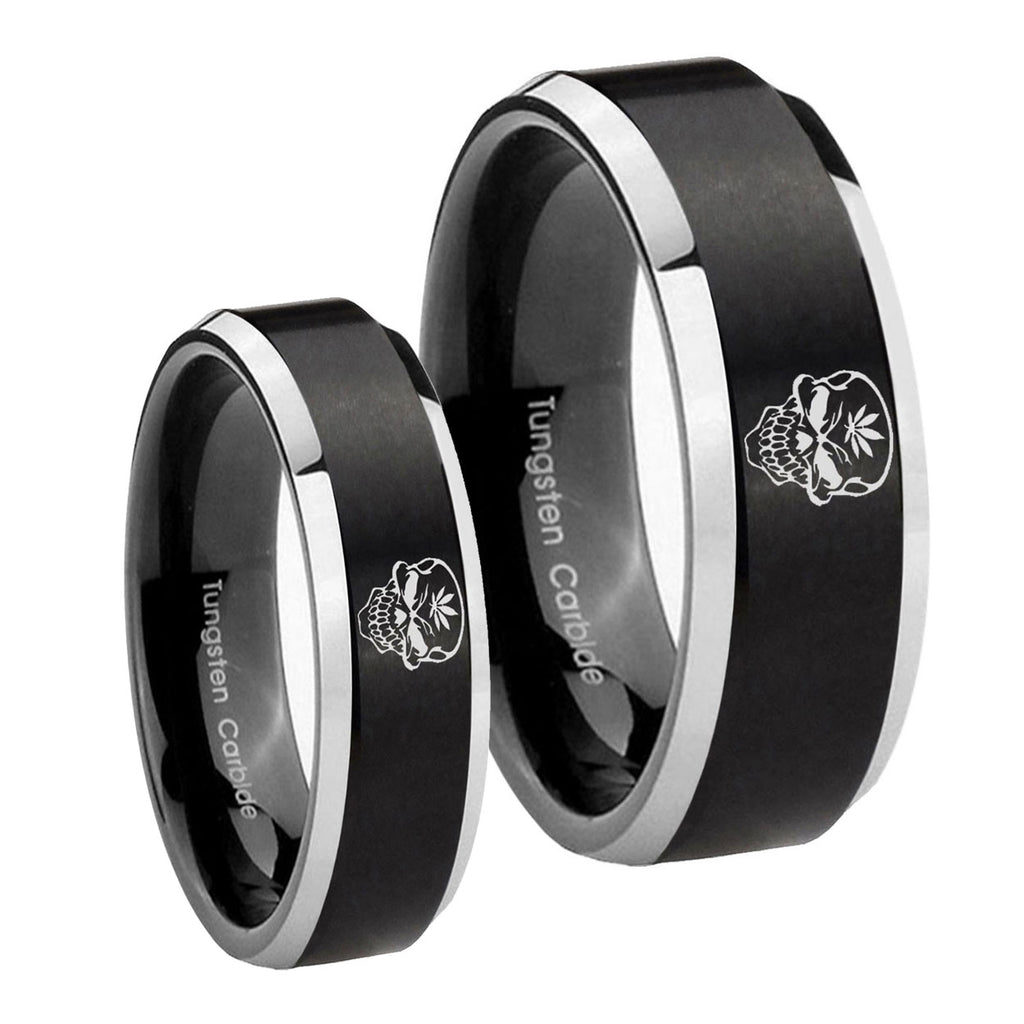 Skull Marijuana Leaf Beveled Brush Black 2 Tone Tungsten Bridal Band Set