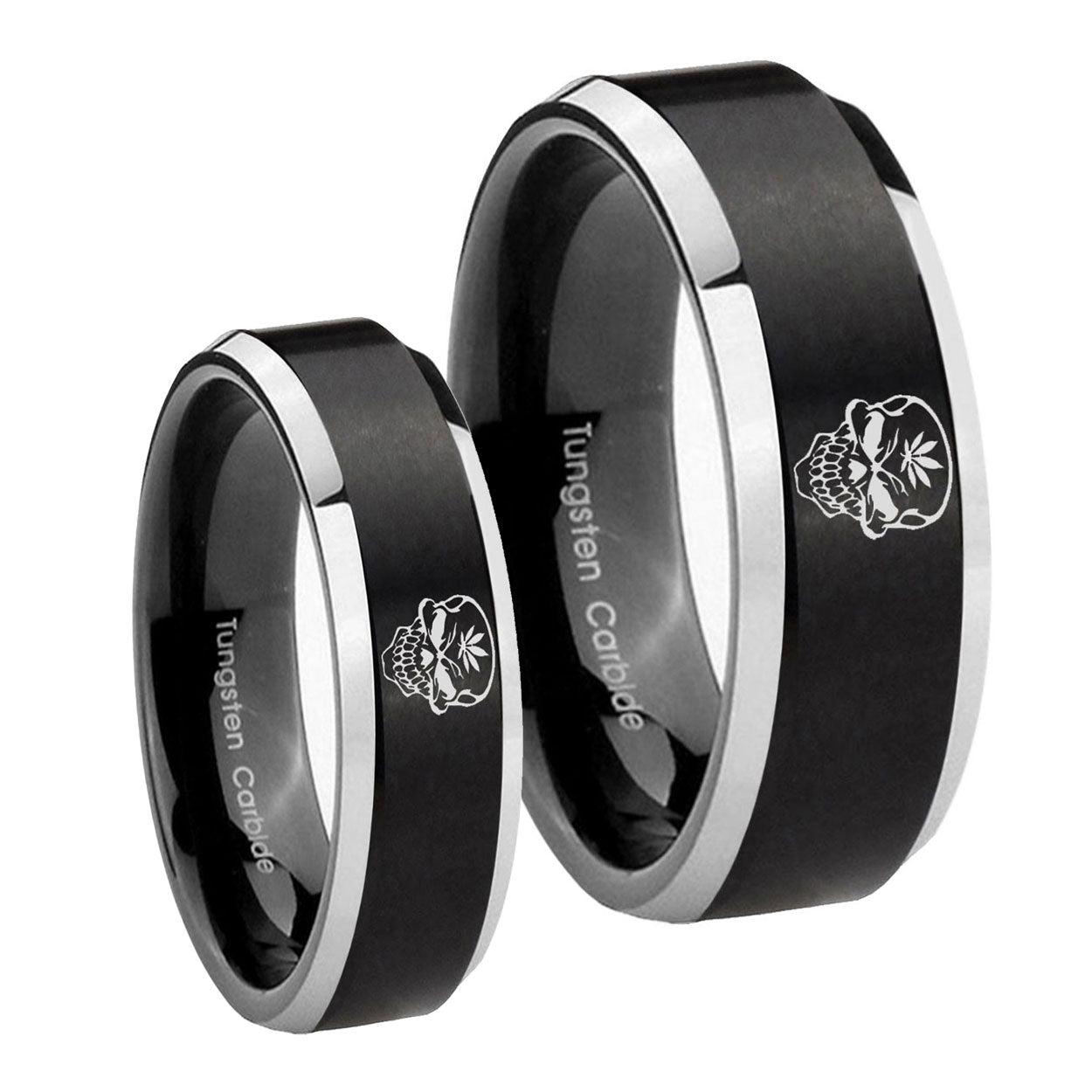 Skull Marijuana Leaf Beveled Brush Black 2 Tone Tungsten Bridal Band Set