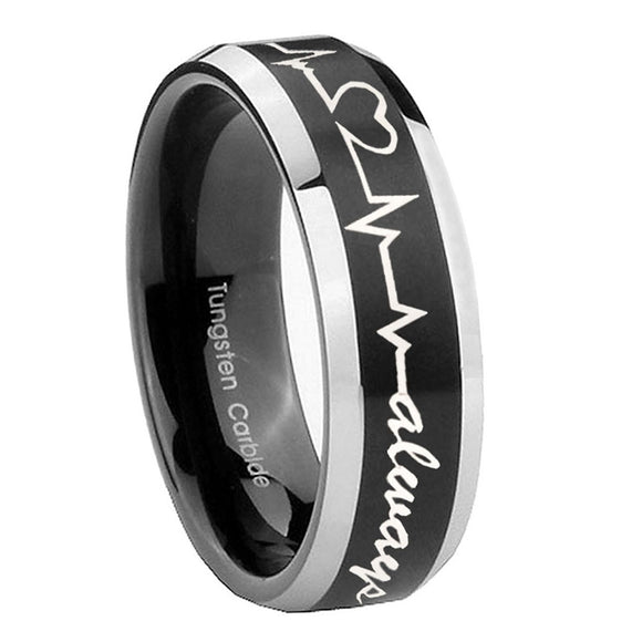 8mm-Heart-Beat-forever-Heart-always-Beveled-Brush-Black-2-Tone-Tungsten-Mens-Ring