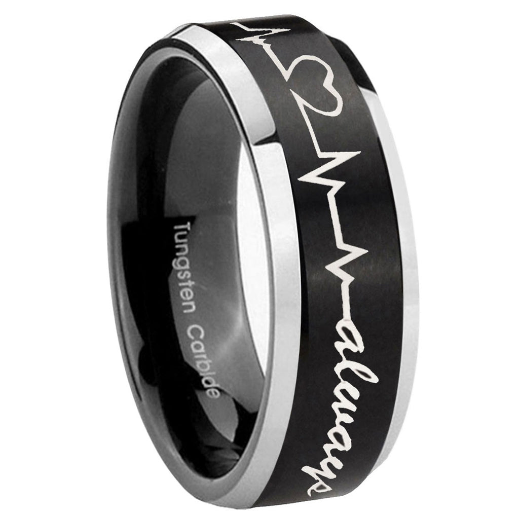 10mm Heart Beat forever Heart always Beveled Brush Black 2 Tone Tungsten Bands Ring