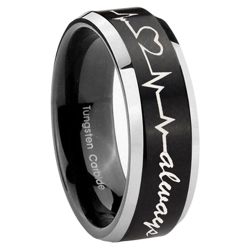 10mm Heart Beat forever Heart always Beveled Brush Black 2 Tone Tungsten Bands Ring