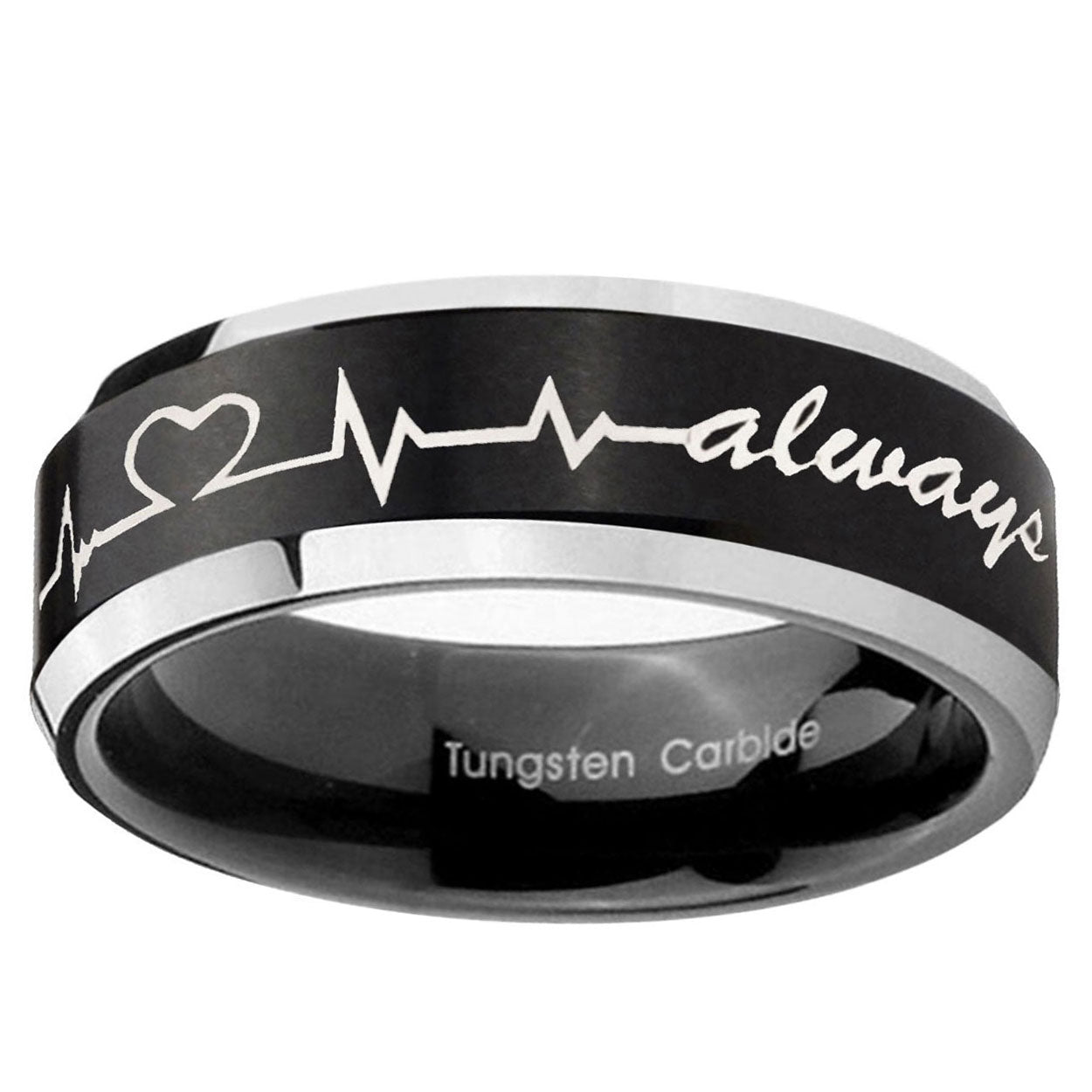 10mm Heart Beat forever Heart always Beveled Brush Black 2 Tone Tungsten Bands Ring