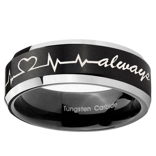10mm Heart Beat forever Heart always Beveled Brush Black 2 Tone Tungsten Bands Ring
