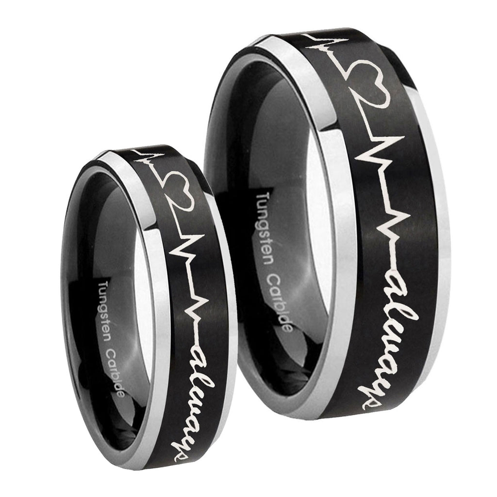 Heart Beat forever Heart always Beveled Brush Black 2 Tone Tungsten His Hers Set Rings