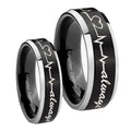 Heart Beat forever Heart always Beveled Brush Black 2 Tone Tungsten His Hers Set Rings