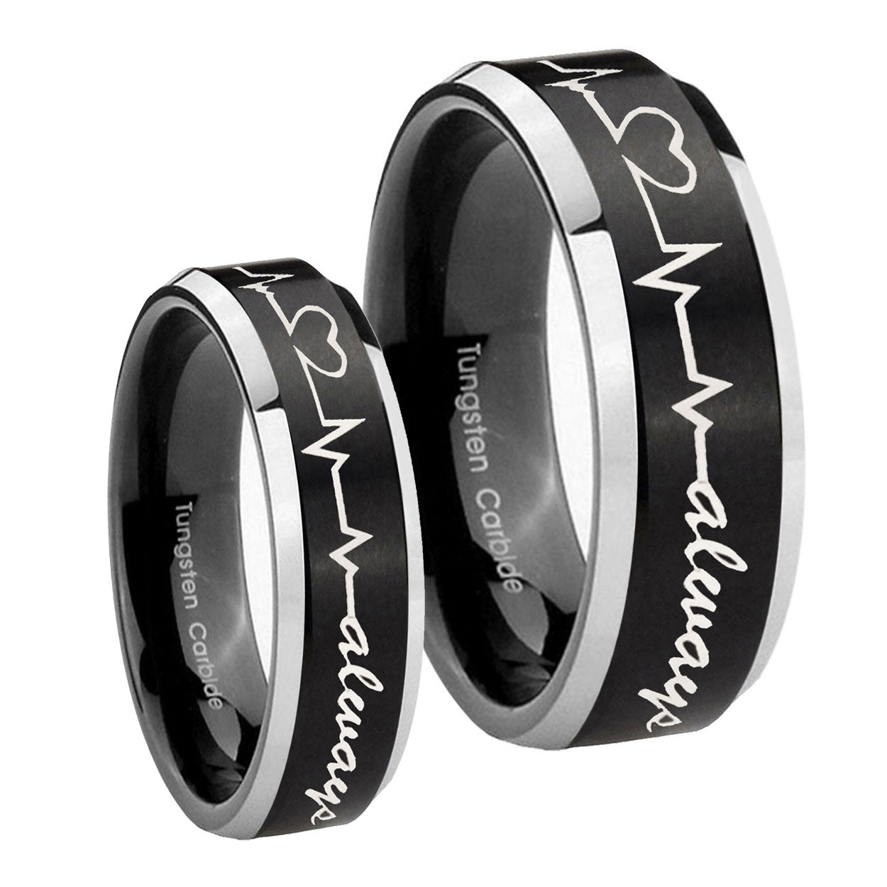Heart Beat forever Heart always Beveled Brush Black 2 Tone Tungsten His Hers Set Rings