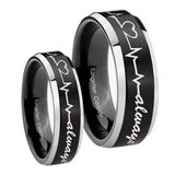 His Hers Heart Beat forever Heart always Beveled Brush Black 2 Tone Tungsten Men Band Set
