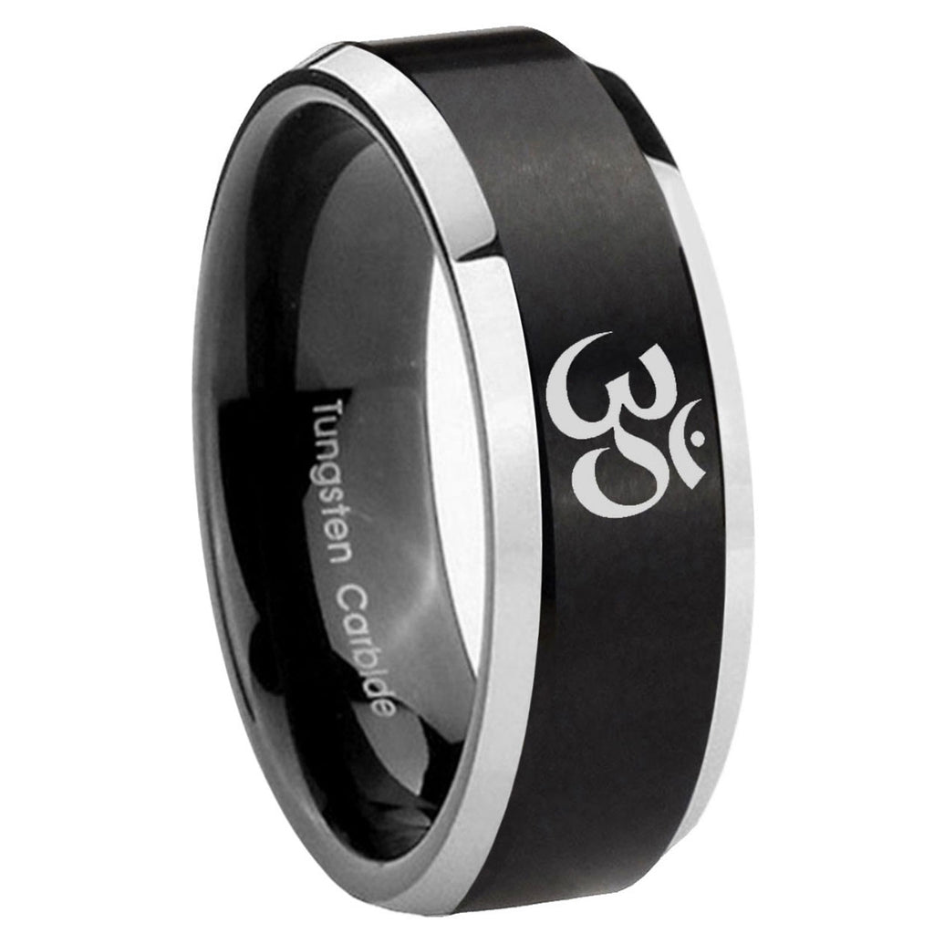 8MM Oma Aum Yoga Beveled Two Tone Black Tungsten Wedding Band
