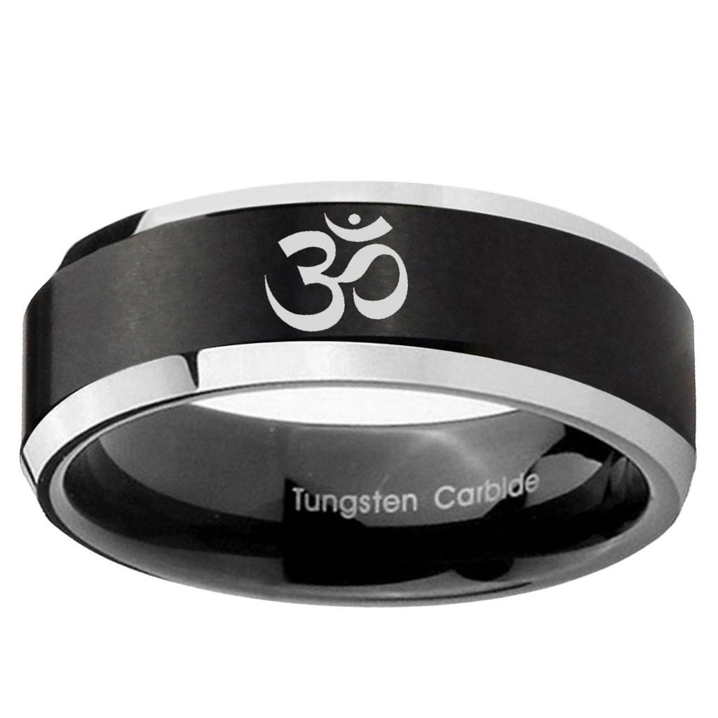 10mm Om Aum Yoga Beveled Brush Black 2 Tone Tungsten Men's Engagement Band