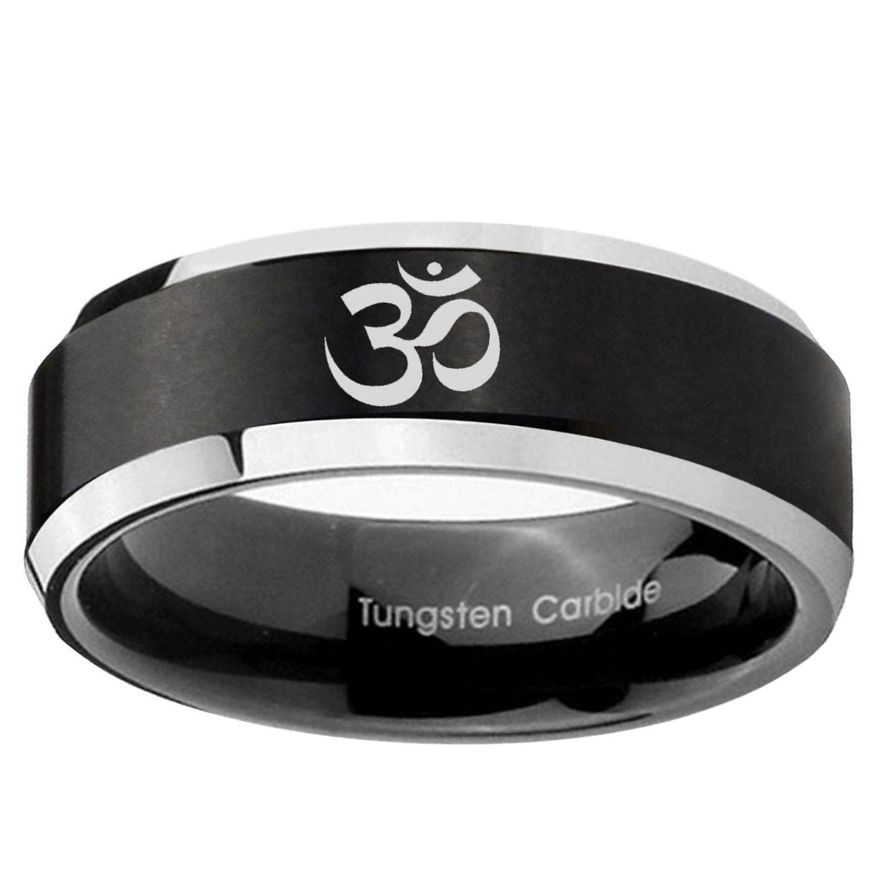 10mm Om Aum Yoga Beveled Brush Black 2 Tone Tungsten Men's Engagement Band