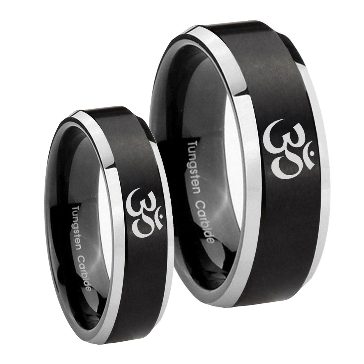 Om Aum Yoga Beveled Brush Black 2 Tone Tungsten Wedding Set Rings