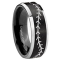 10mm Baseball Stitch Beveled Brush Black 2 Tone Tungsten Mens Engagement Ring