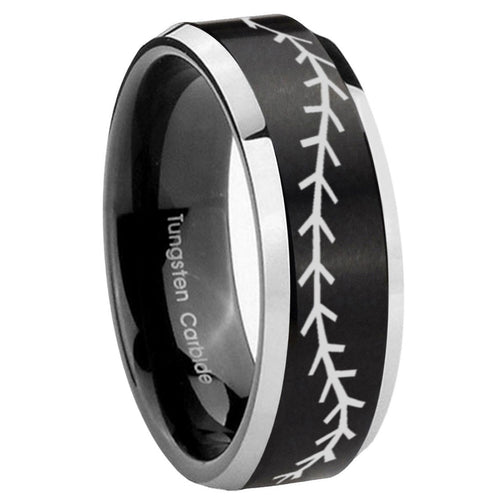 10mm Baseball Stitch Beveled Brush Black 2 Tone Tungsten Mens Engagement Ring