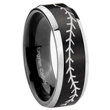 His Hers Baseball Stitch Beveled Brush Black 2 Tone Tungsten Men Ring Set