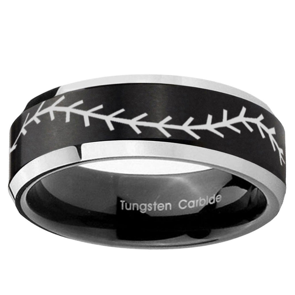 5MM Baseball Stitch Beveled Two Tone Black Tungsten Personalized Ring