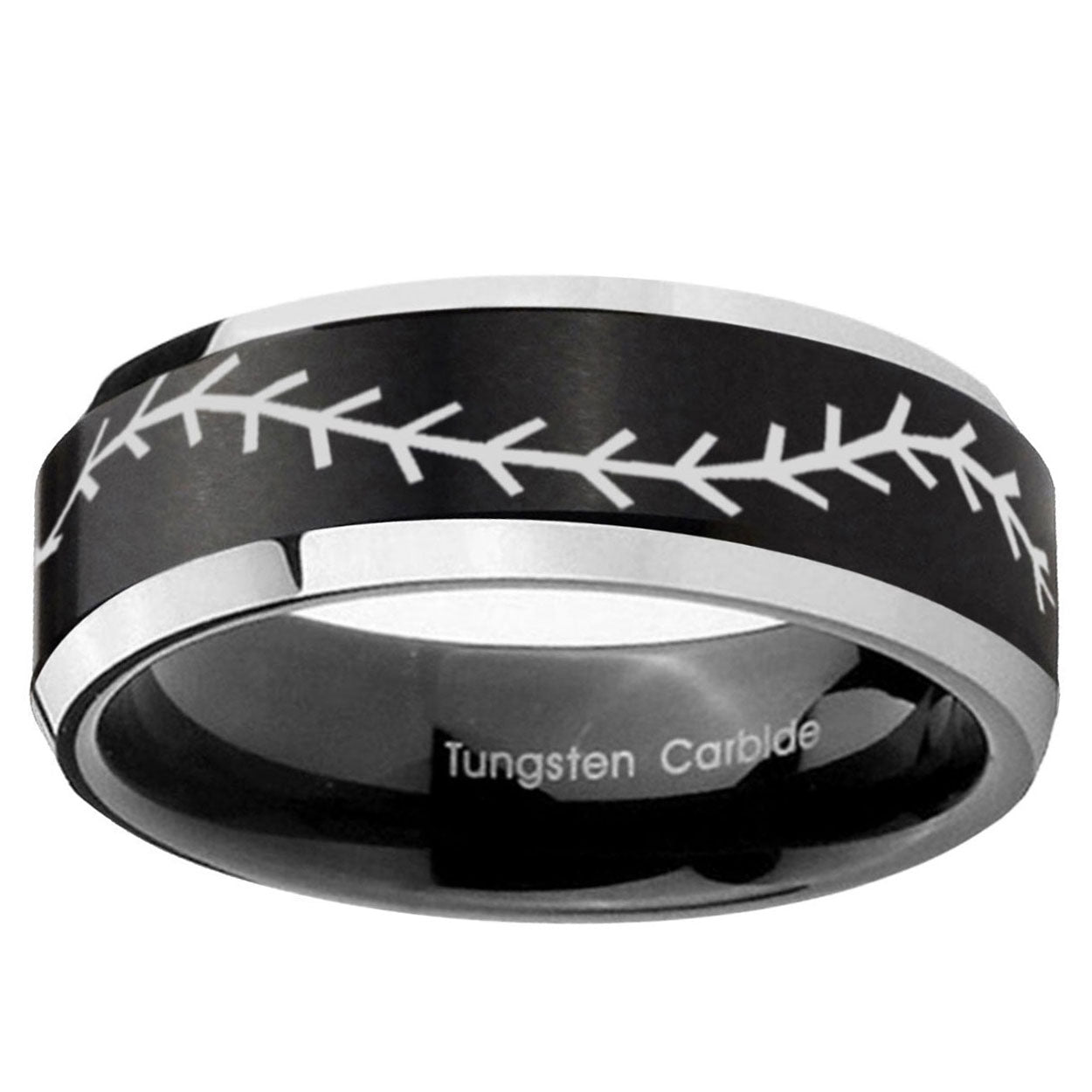 5MM Baseball Stitch Beveled Two Tone Black Tungsten Personalized Ring