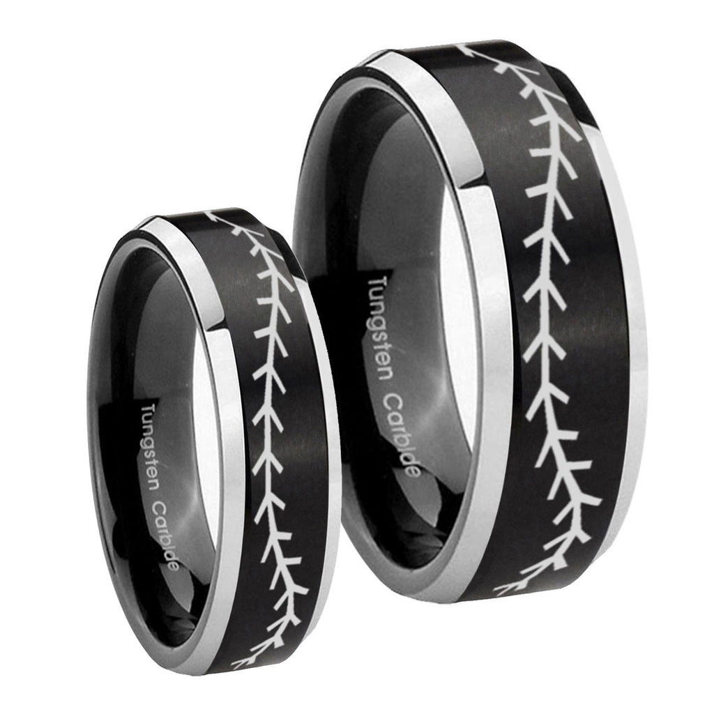 Baseball Stitch Beveled Brush Black 2 Tone Tungsten Mens Set Ring