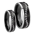 Baseball Stitch Beveled Brush Black 2 Tone Tungsten Mens Set Ring