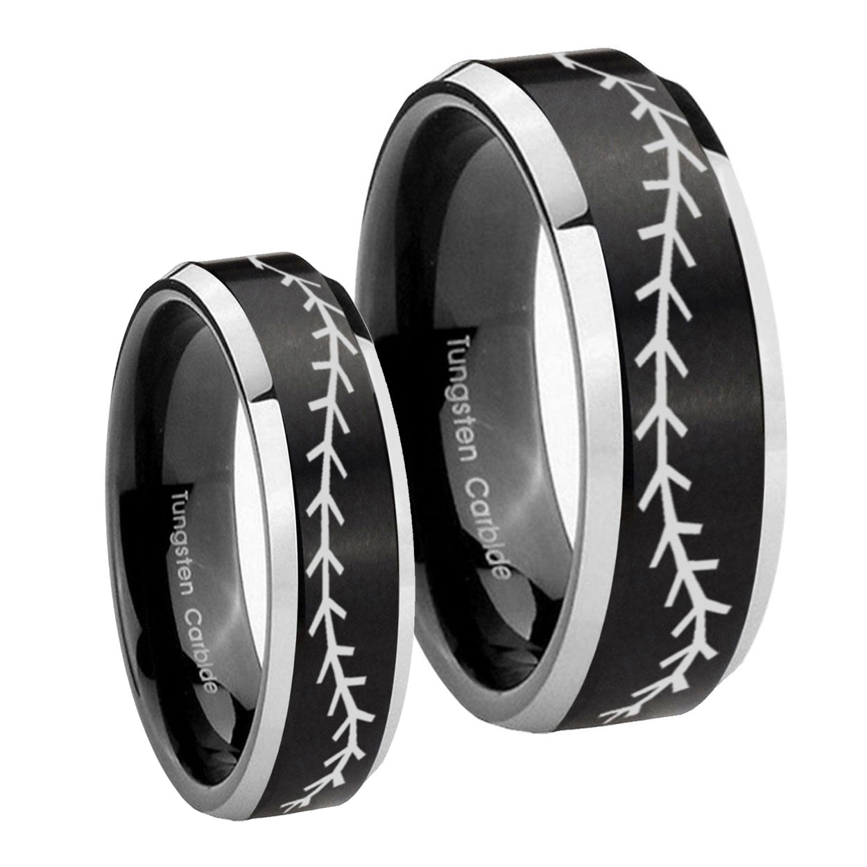 Baseball Stitch Beveled Brush Black 2 Tone Tungsten Mens Set Ring