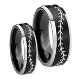His Hers Baseball Stitch Beveled Brush Black 2 Tone Tungsten Men Ring Set
