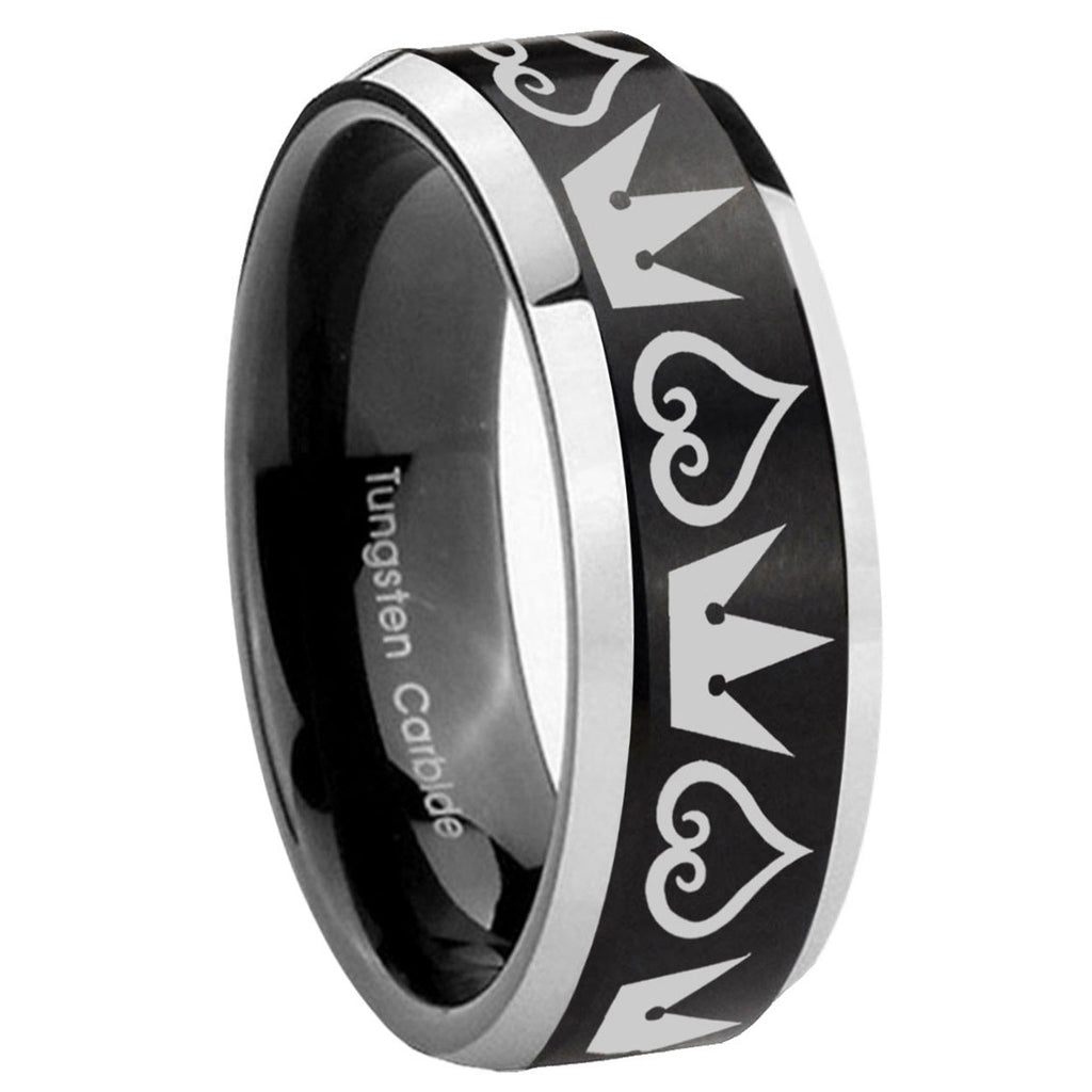10mm Hearts and Crowns Beveled Brush Black 2 Tone Tungsten Men's Engagement Ring