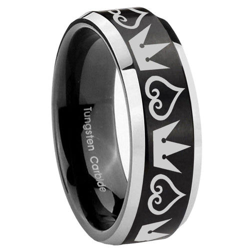 10mm Hearts and Crowns Beveled Brush Black 2 Tone Tungsten Men's Engagement Ring