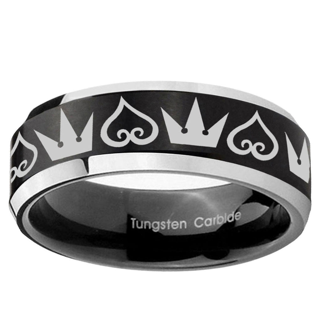 10mm Hearts and Crowns Beveled Brush Black 2 Tone Tungsten Ring