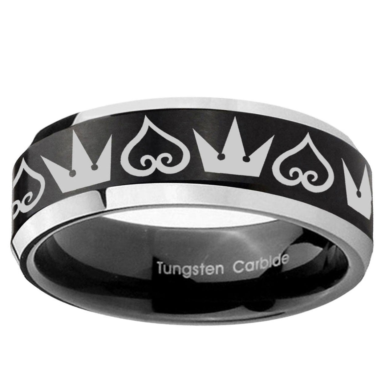 10mm Hearts and Crowns Beveled Brush Black 2 Tone Tungsten Ring