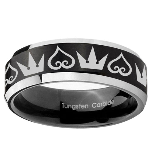10mm Hearts and Crowns Beveled Brush Black 2 Tone Tungsten Ring