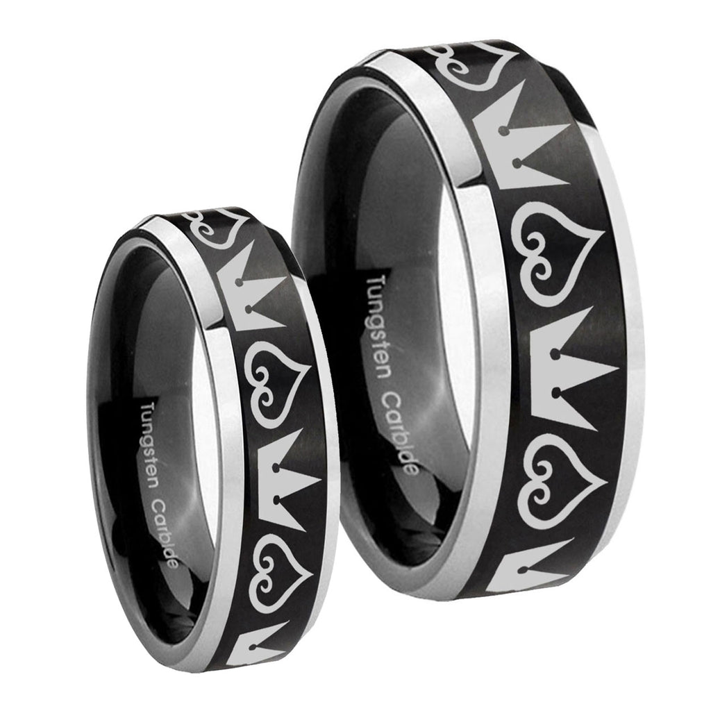 Hearts and Crowns Beveled Brush Black 2 Tone Tungsten Bridal Set Ring