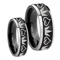 Hearts and Crowns Beveled Brush Black 2 Tone Tungsten Bridal Set Ring
