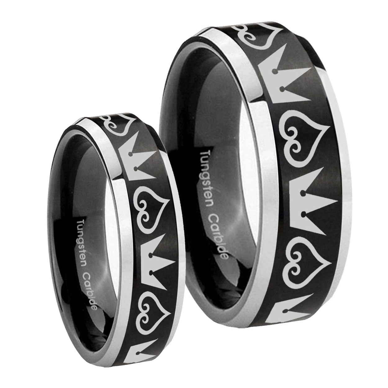 Hearts and Crowns Beveled Brush Black 2 Tone Tungsten Bridal Set Ring