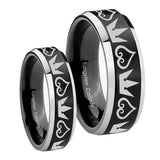 His Hers Hearts and Crowns Beveled Brush Black 2 Tone Tungsten Ring Set
