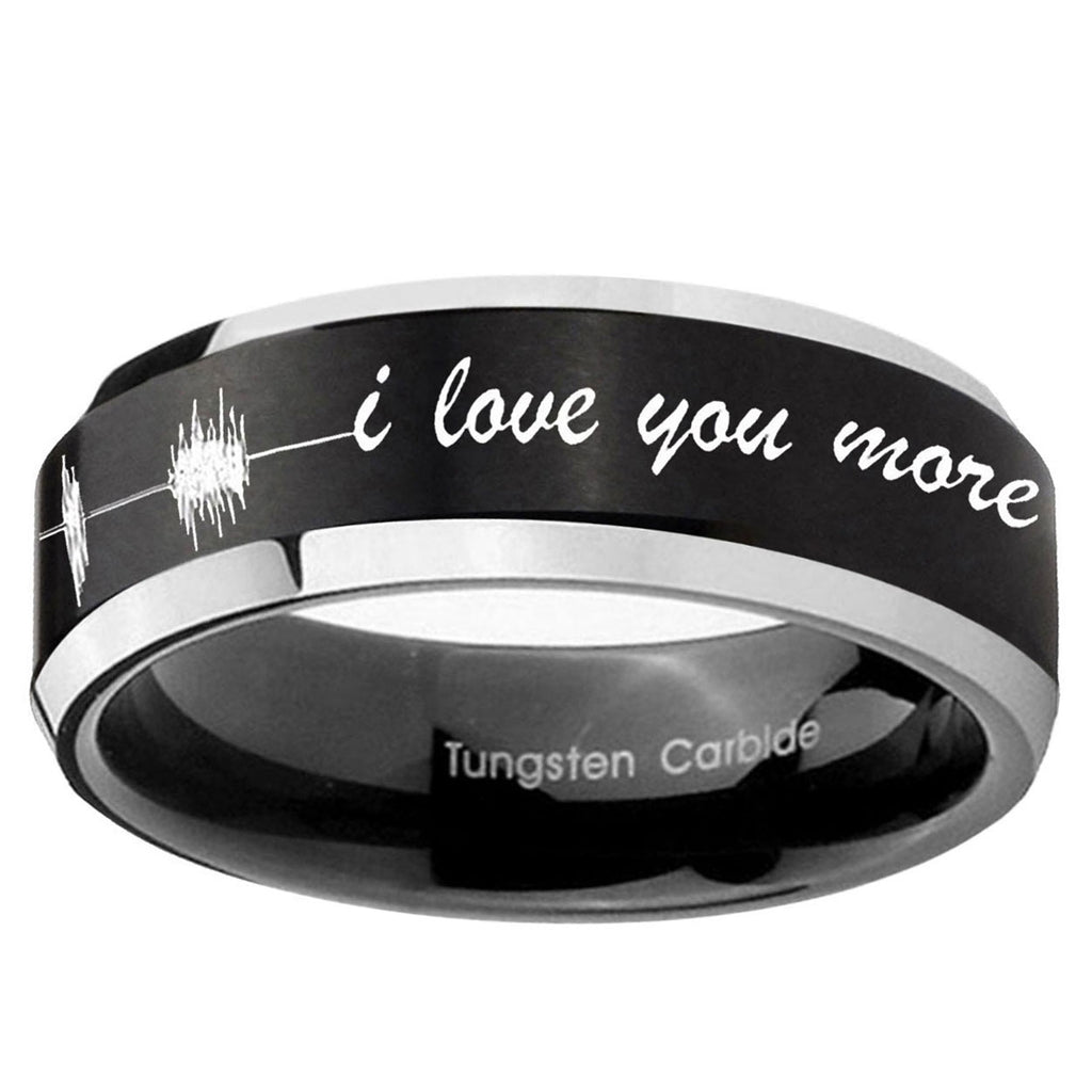 5MM Sound Wave, I love you Beveled Two Tone Black Tungsten Ring For Man