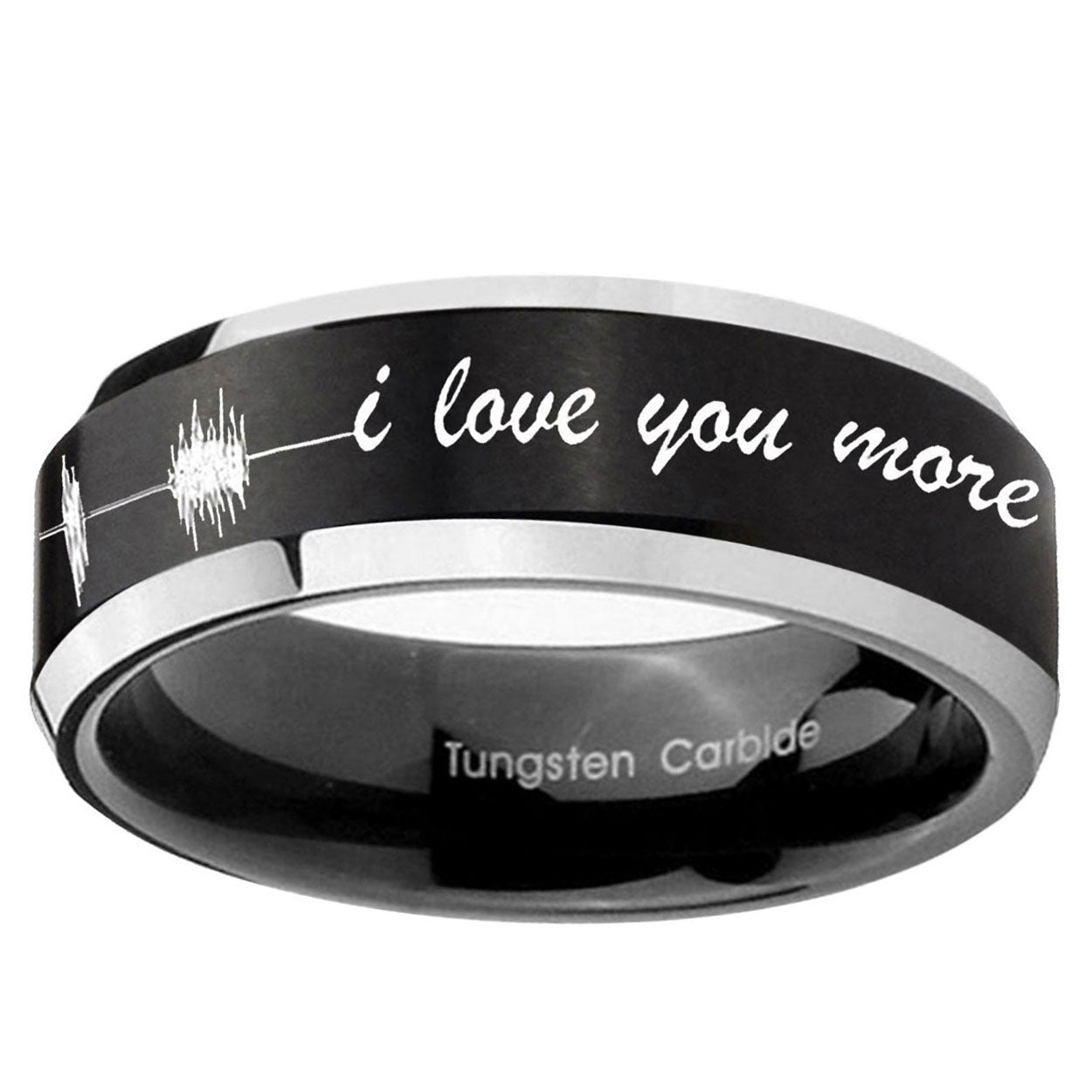 5MM Sound Wave, I love you Beveled Two Tone Black Tungsten Ring For Man