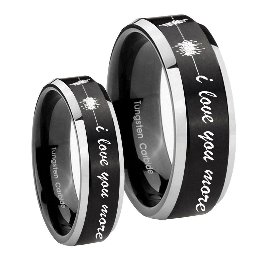 Sound Wave, I love you more Beveled Brush Black 2 Tone Tungsten Couple Wedding Bands