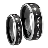 His Hers Sound Wave, I love you more Beveled Brush Black 2 Tone Tungsten Mens Ring Set