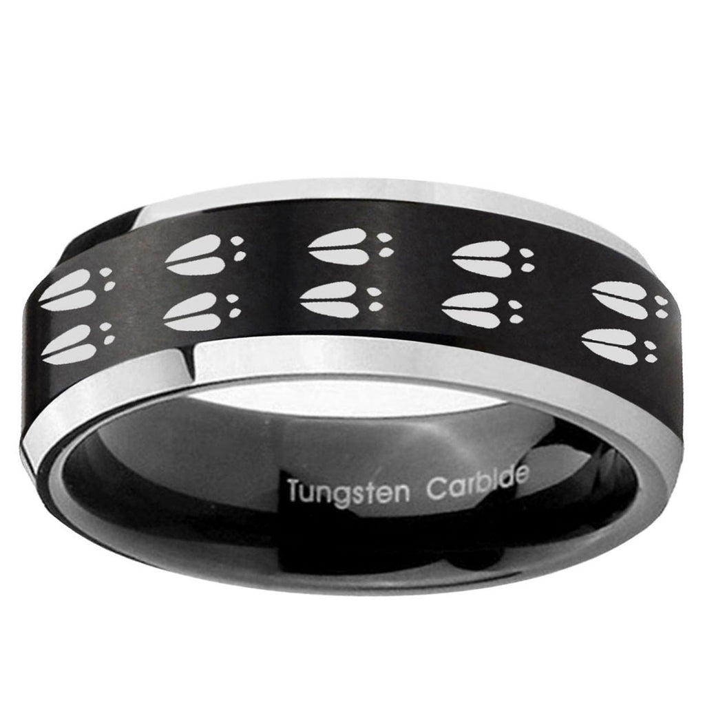 10mm Deer Tracks Beveled Edge Brush Black 2 Tone Tungsten Carbide Mens Ring