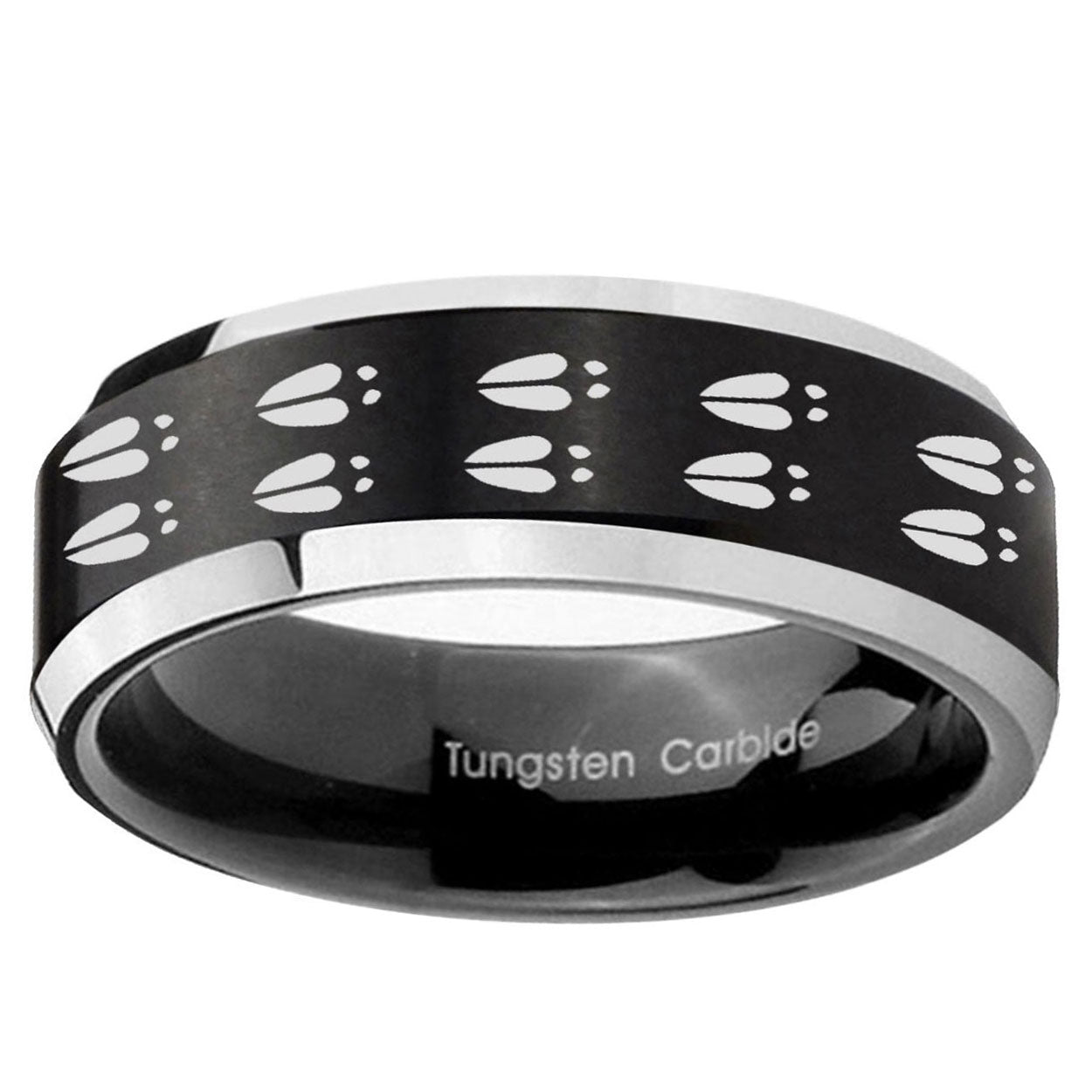 10mm Deer Tracks Beveled Edge Brush Black 2 Tone Tungsten Carbide Mens Ring